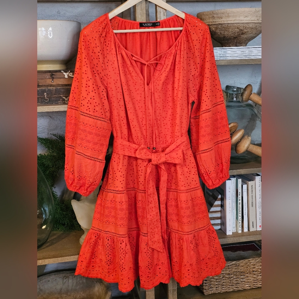 Lauren Ralph Lauren Red Eyelet Mini Dress Broderie Anglaise Belted Sz 10 - Picture 15 of 15
